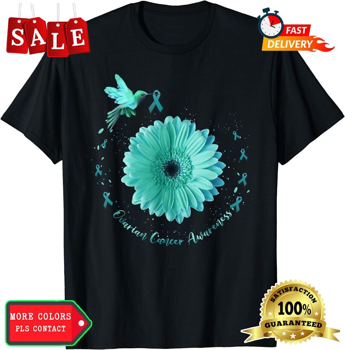 Hummingbird Sunflower Teal Ribbon Ovarian Cancer Awareness T-Shirt Hummingbird Sunflower Teal Ribbon Ovarian Cancer Awareness T-Shirt