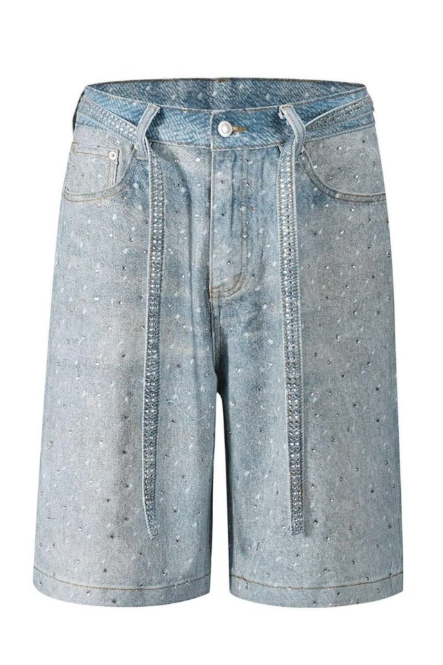 Men's Washed Rhinestone Denim Bermuda Shorts