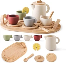 Wooden Tea Set for Kids 14pcs with Teapot Cups Tray Pretend Play Toy Gift
