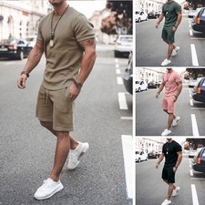 Mens Sweatsuit Set Summer Outfit 2-Piece Set Casual Short Sleeve T Shirts Shorts
