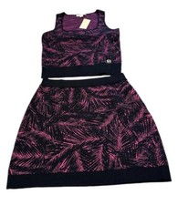 Michael Kors Black/Fuchsia Leafy Print Knit 2pc Top/Skirt Set. Sz M. NWT
