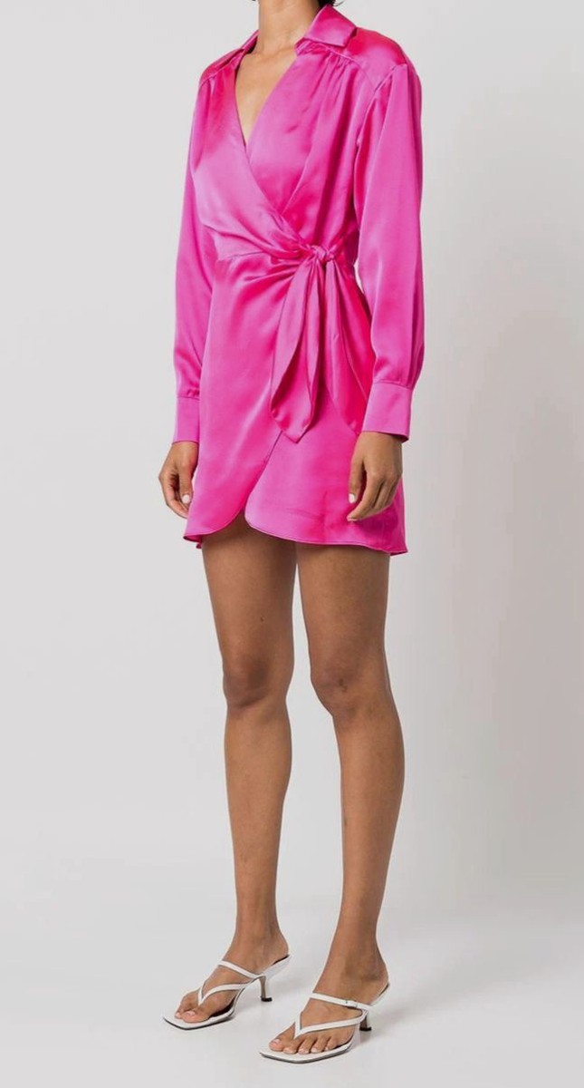 bright pink wrap dress Boden Women's Double Cloth Puff Sleeve Dress in Pink