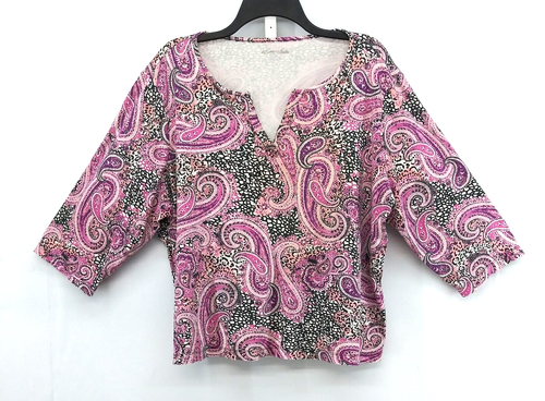 Kim Rogers Shirt Damen Größe 2X Lila Rosa Paisley 3/4-Ärmel Schlitz V-Ausschnitt Oberteil