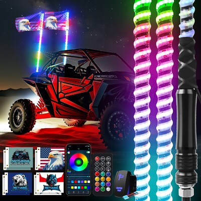 2x 4FT RGB LED Spiral Whip Lights Antenna Chasing For Polaris RZR XP UTV ATV SXS