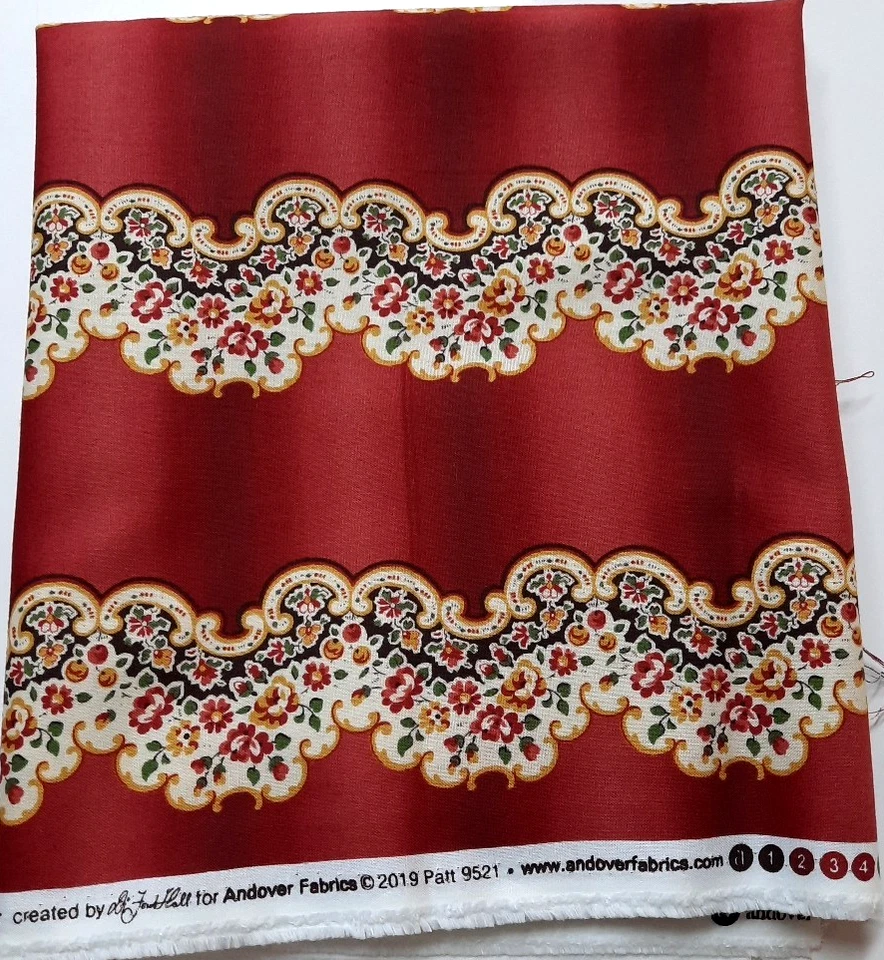 1 1/2 Yds Andover Fabric #9521 Rust/Red w/Yellow Gold Green Wavy Floral Stripes - Image 4 of 4