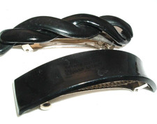VINTAGE PAIR MIDNIGHT BLACK CELLULOID 3.5" HAIR BARRETTES