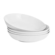 White Pasta Bowls Set of 4 Porcelain Salad 37 oz Wide and Shallow Serving 9 Inch
