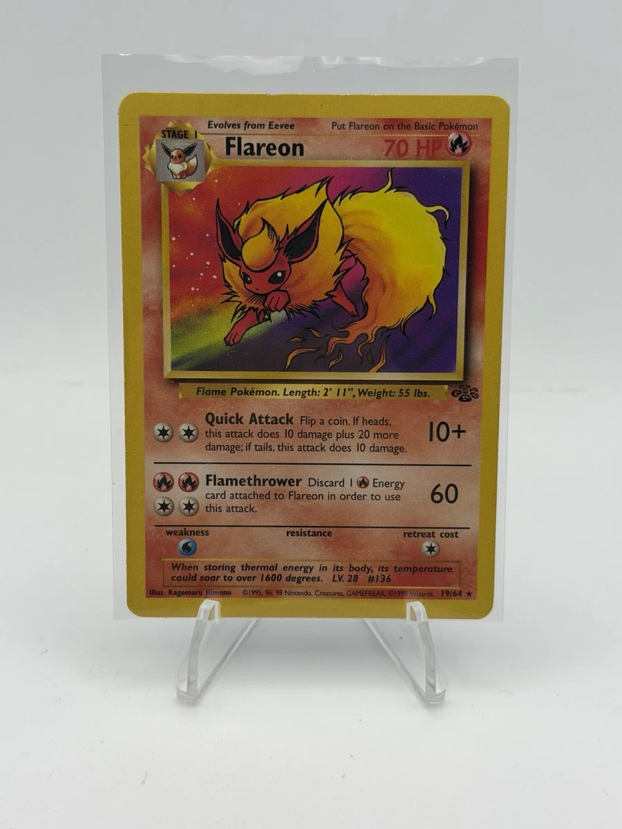1999 flareon pokemon card value Jungle 19 PSA 8 Graded [2RR] Flamethrower (60) Discard 1 Fire Energy card attached to Flareon in order to use this attack. Pokmon Flareon Jungle 3/64 1999
