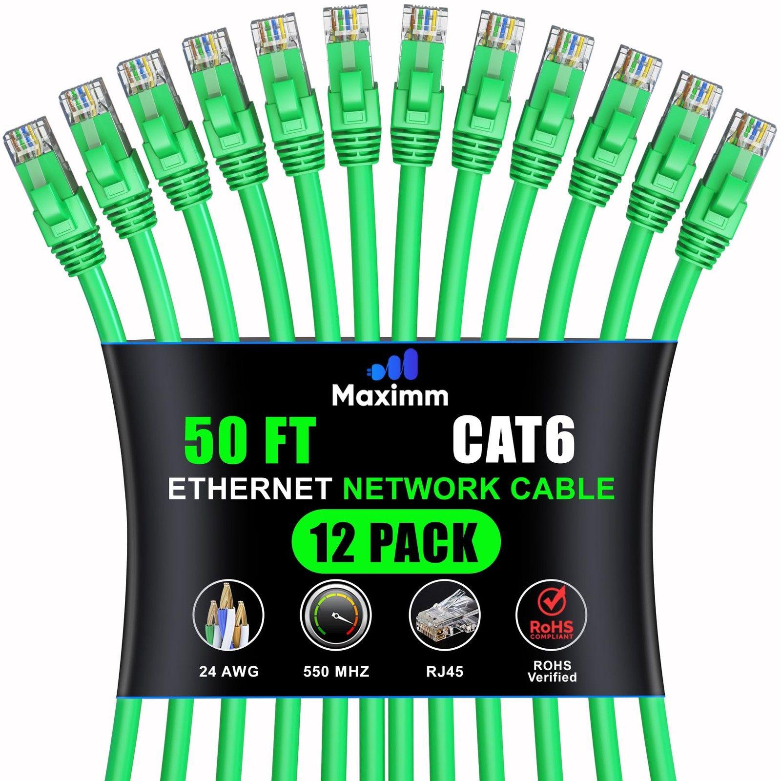 50ft Cat6 Ethernet Cable 12-Pack - High-Speed LAN Internet & Network Patch Cables