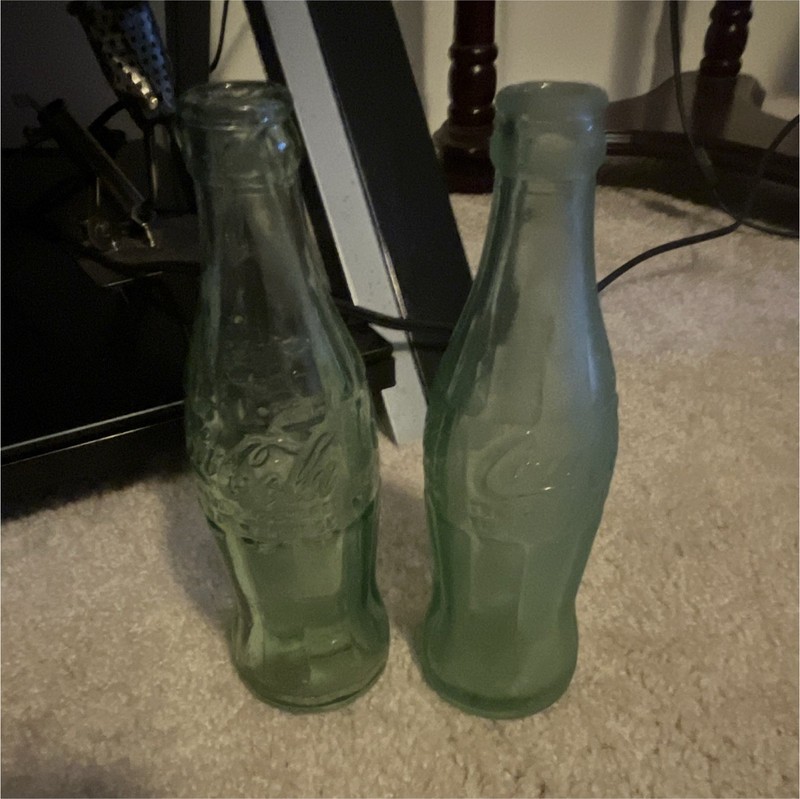Coca-Cola Lot of 2 Green Glass Bottles Collectible Soda Theme Decor