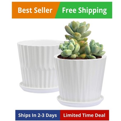 Plant Pots - 6.7 Inch Cylinder Ceramic Planters with Connected Saucer, Pots f...