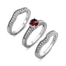 925 Sterling Silver Round Red Rhodolite Garnet Set of 3 Fitted Ring 1.54 cttw