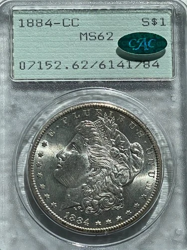 1884-CC $1 Morgan Dollar MS62 CAC PCGS RATTLER holder -Free Shipping-