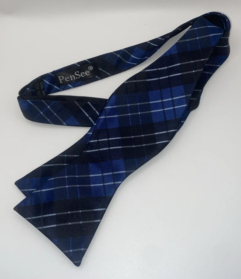 Pajarita PenSee 100 % seda para hombre - azul a cuadros - hecha a mano - corbata automática - ajustable - ¡BONITA! Foto 4 de 4