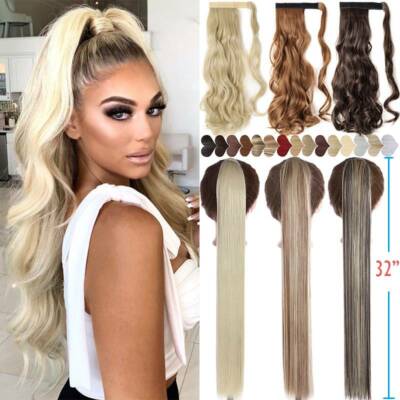 Long 100% Thick Clip In Hair Extensions Wrap On Ponytail Highlight Top Pony  Tail