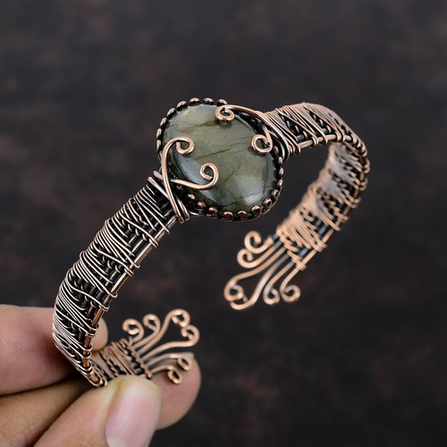 Women's Day Gift Labradorite Copper Wire Wrapped Adjustable Bangle For Women - Picture 2 of 7