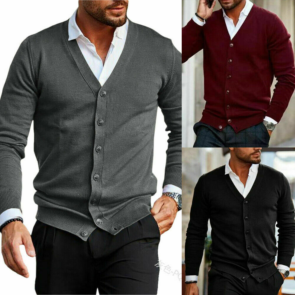 Men's Classic V-Neck Cardigan Sweater Long Sleeve Button Down Jacket Tops  S-5XL