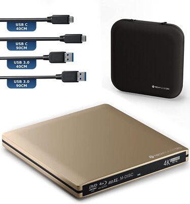 techPulse120 Extern USB 3.1 UHD 4K M-DISC 100 GB USB-C Alu Blu-ray Brenner Gold