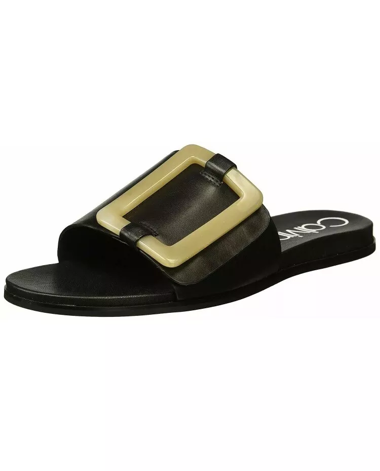 Calvin Klein Womens Patreece Leather Open Toe Casual Slide Black Size 6