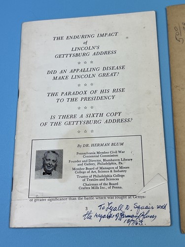 Dr. Herman Blum Signed Pamphlet Impact of Lincoln's Gettysburg & More 1963 - Picture 2 of 7