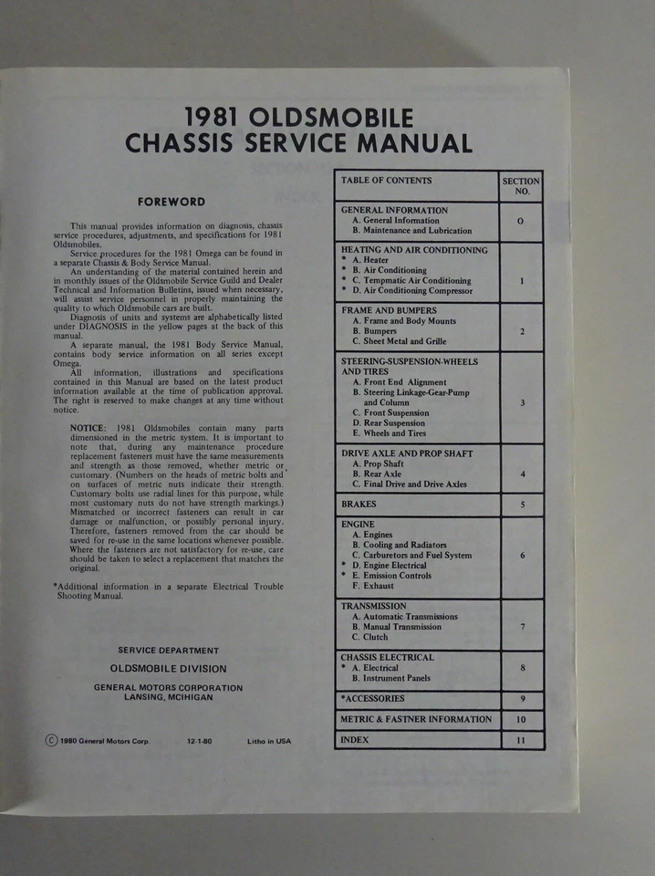 Officina Manuale Oldsmobile Cutlass / Delta 88/Ninety-Eight/TORONADO '1981 - Immagine 2 di 4