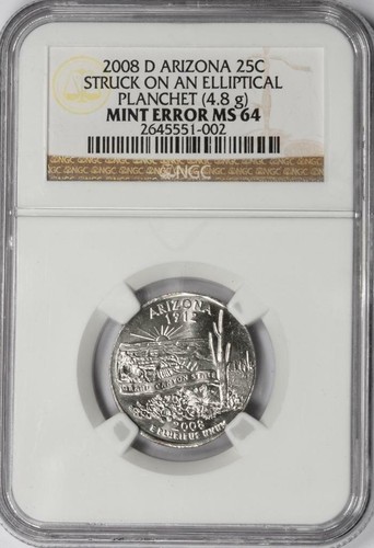 2008 D NGC MS64 Struck On Elliptical Planchet Arizona Quarter Mint Error Rare - Picture 2 of 4