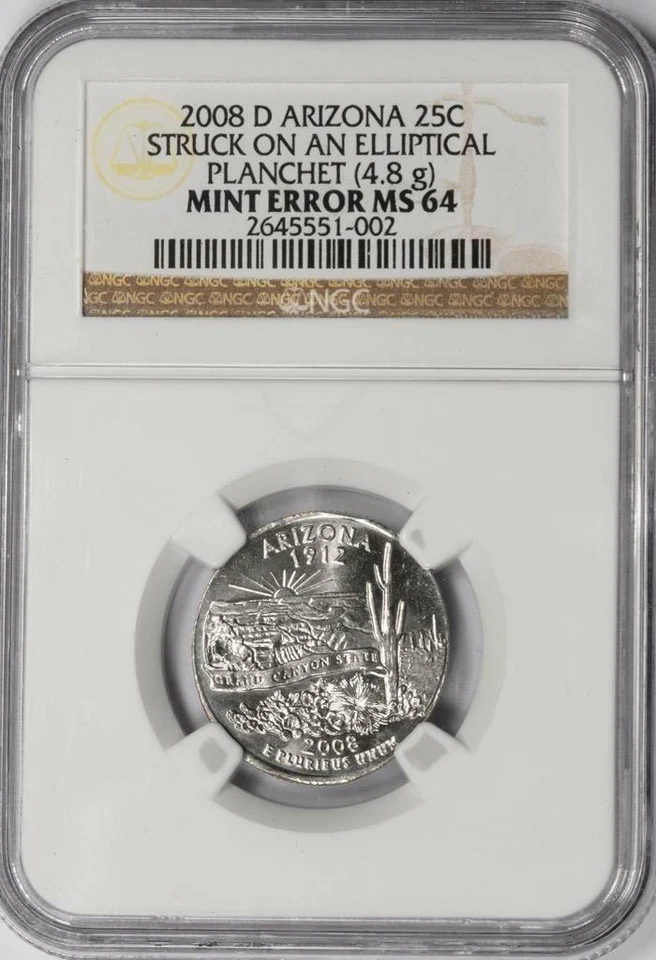 2008 D NGC MS64 Struck On Elliptical Planchet Arizona Quarter Mint Error Rare - Image 2 of 4