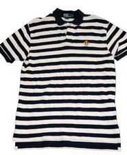 Vintage Ralph Lauren Polo Shirt Mens Sz L Navy Blue White Striped Crest Cotton