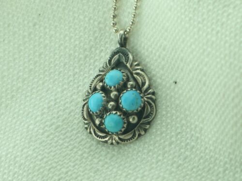 Sterling Silver Native American Turquoise 4 Stone Pendant Necklace Beaded Chain - Picture 1 of 8