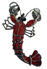 Antique Silver Tone Red Orange Rhinestones Vintage Lobster Crab Brooch Pin
