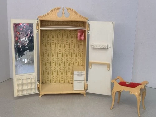Vintage 1960s Barbie Armoire Wardrobe Closet by Susy Goose With Vanity Stool