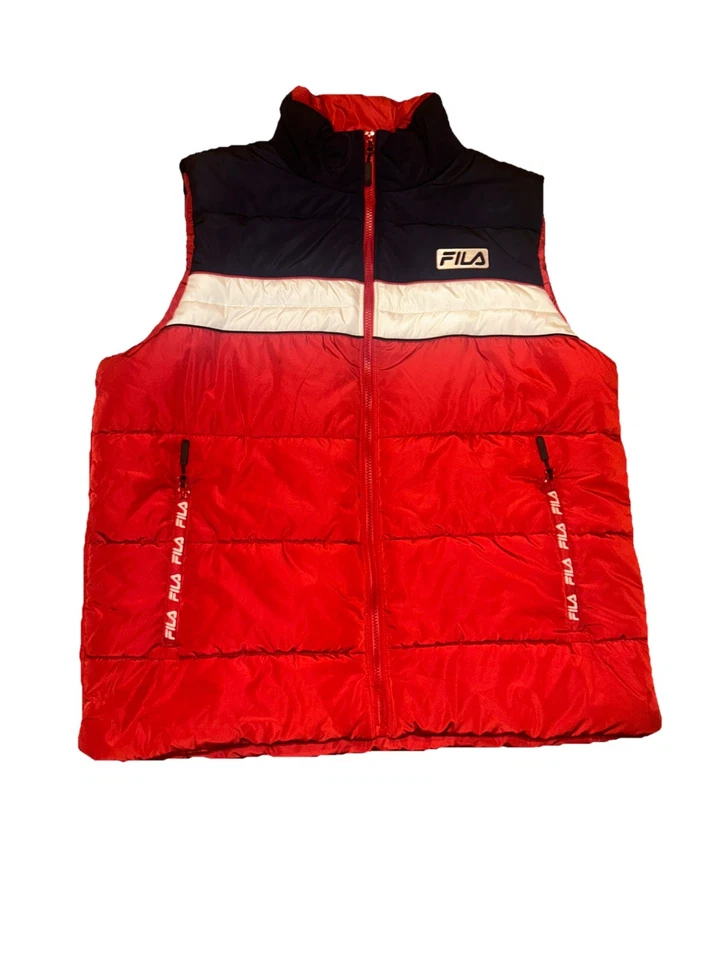 FILA Big Puffer Vest Jacket L Colorblock Red White Navy Y2K Streetwear Oversized - Image 2 of 4