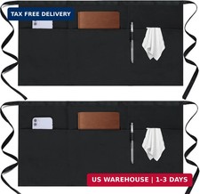 Black Server Apron with 3 Pockets, Waist Apron for Restaurant Staff