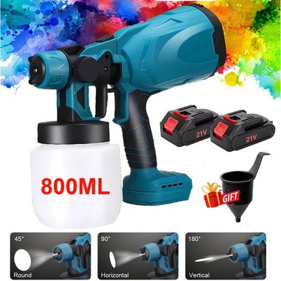 800W Cordless Electric Spray Gun High Power Paint Sprayer 2x 2200mAh Batteries