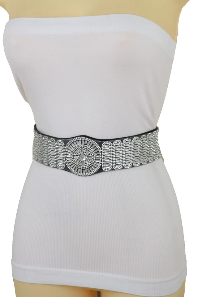 Women Black Elastic Band Embellished Fashion Belt Bling Silver Circle Size M L - Image 4 of 4