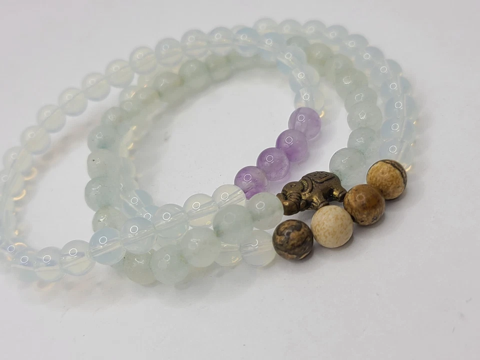 Pulsera Talismala Sagrada Hecha a Mano Vidrio Amatista y Cuentas de Madera Elefante Dije 7" Foto 3 de 3