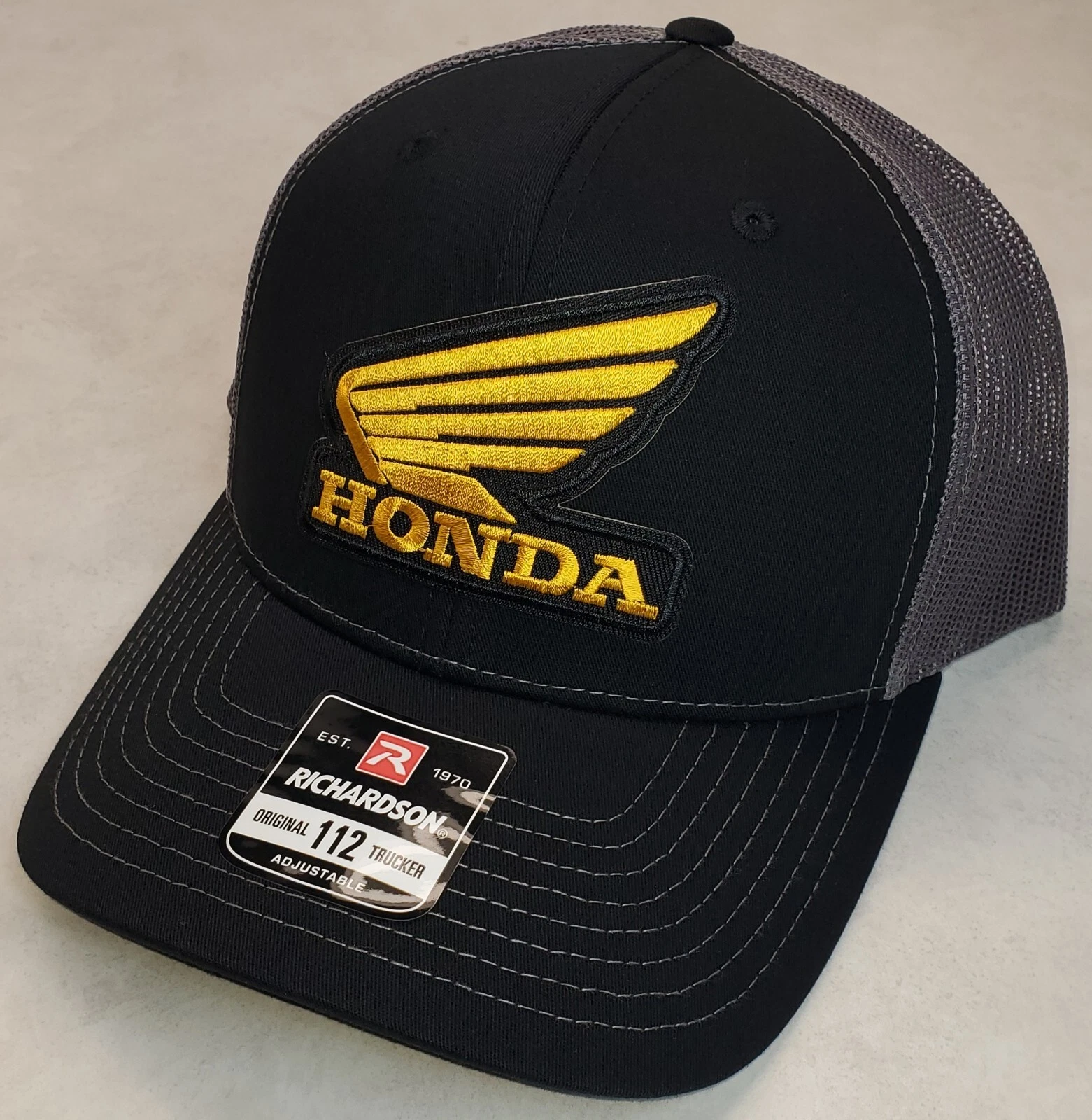 Honda Wing Logo Patch on Richardson 112 Trucker Hat Snapback Black/Charcoal