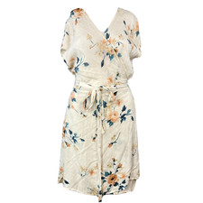 Final Touch Dress Womens Sz M Beige Peach Blue Floral Short Sleeve Wrap Mini
