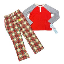 Cat Jack Boys Size XS 4/5 Pajama Set Henley Pajama Bottom 2 PC Set Plaid Red