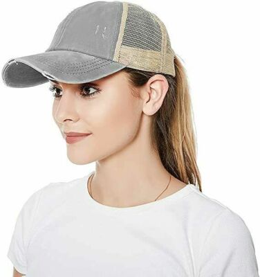 Distressed High Ponytail Baseball Cap with Mesh Back, Adjustable, Breathable, Trucker hat women ponytail cap – Mesh back distressed  main image 2