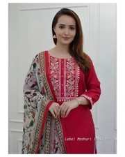 Red Embroidered Salwar Suit Set with Floral Printed Dupatta Ethnic Wear