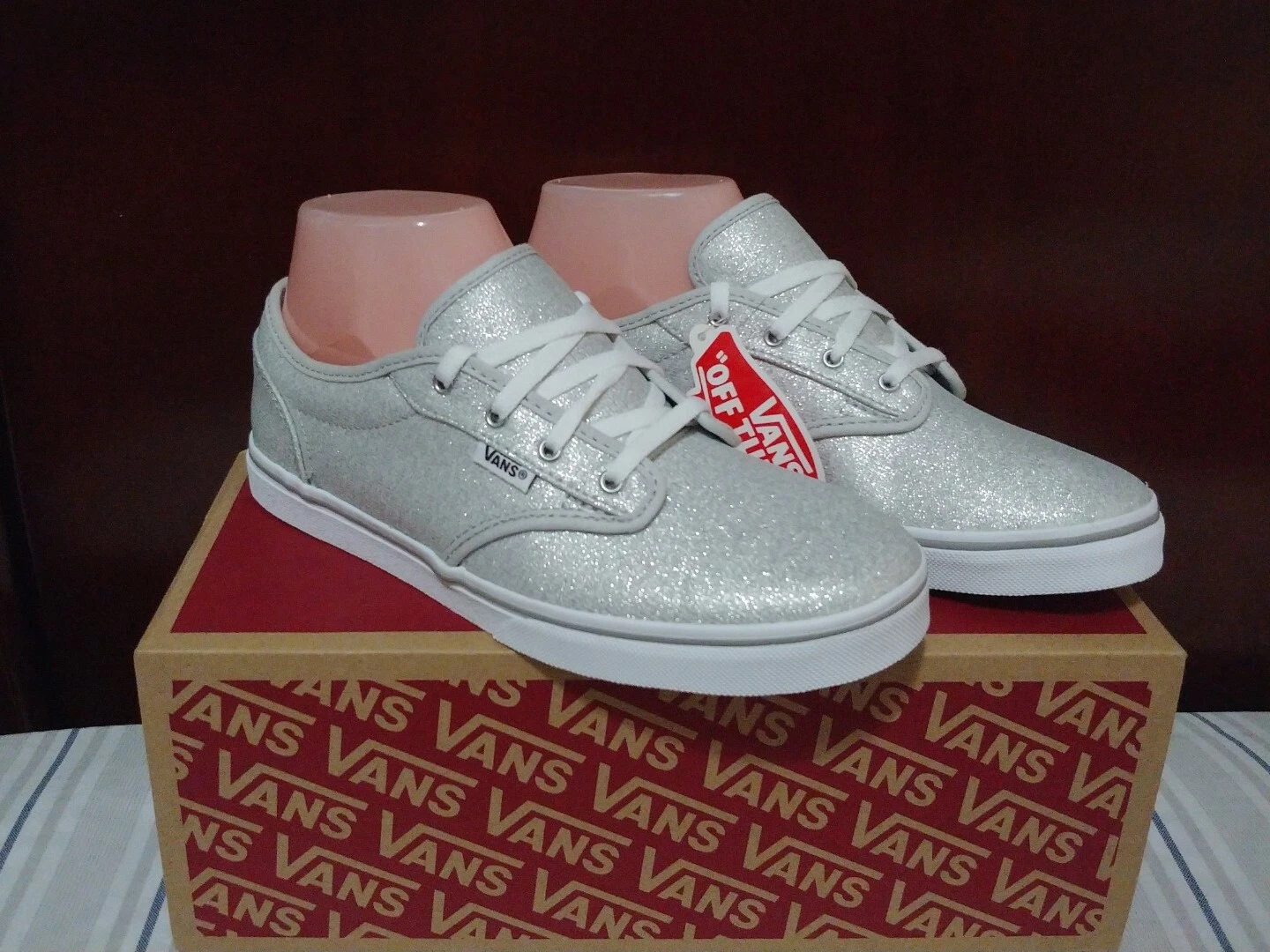 VANS Atwood scarpe da skate basse junior da ragazza taglia 6 lurex glitter argento nuove con etichette