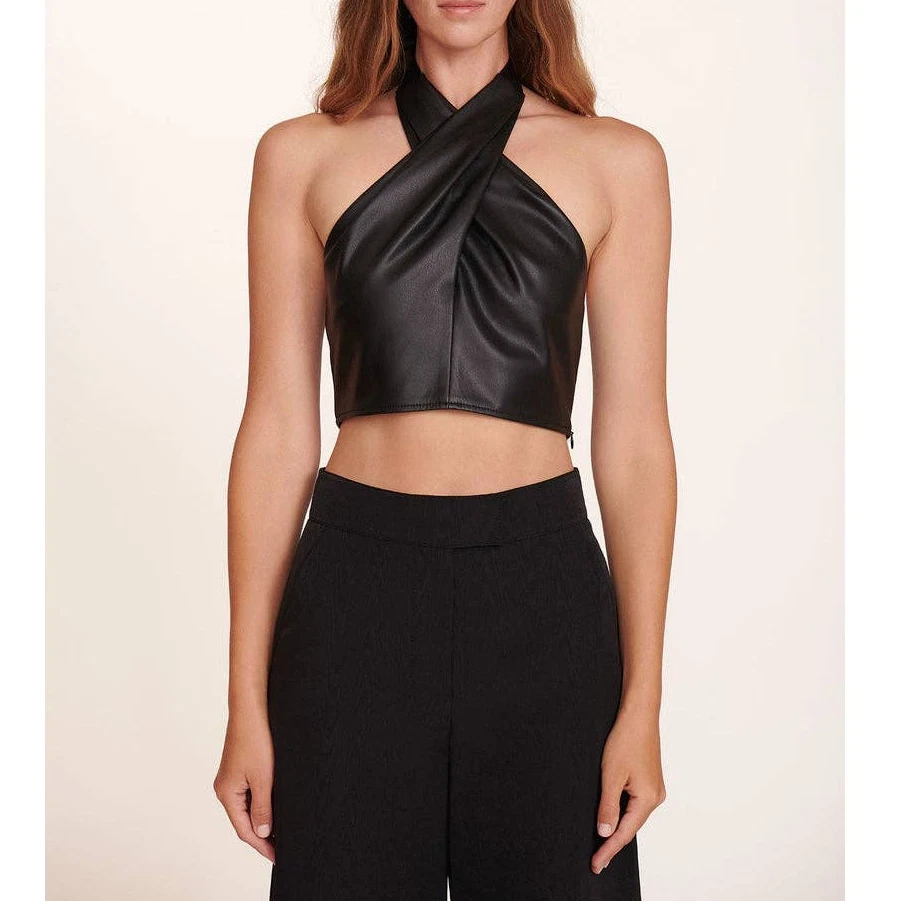 STAUD KAI Black Stretch Vegan Leather Cropped Halter Top Size 14 NWT 195
