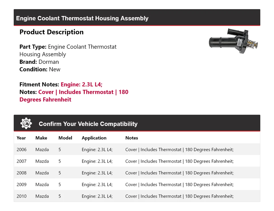 Conjunto de carcasa termostato refrigerante motor Dorman 2,3 L L4 2006-2010 Mazda 5 Foto 2 de 4
