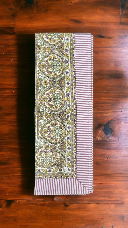 Indian Hand Block Print Tablecloth 100%Cotton 150*220cm Multi Floral 6 Napkins - Image 2 of 4