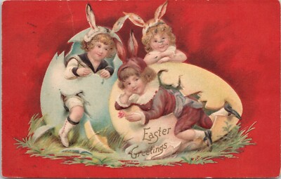 POSTCARD - EASTER GREETINGS - THREE GIRLS HATCHING WITH RABBIT EARS -EMBOSSED