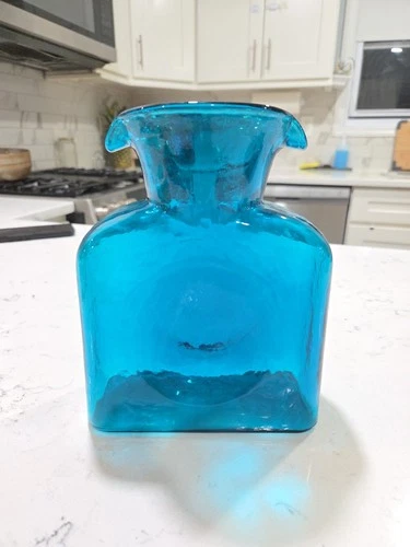 Blenko Blue Turquoise Glass Double Spout Water Bottle Pitcher Vase