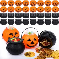 Jenaai 40 Pcs Halloween Mini Pumpkin Bucket and Cauldrons 2.76 in Plastic Candy