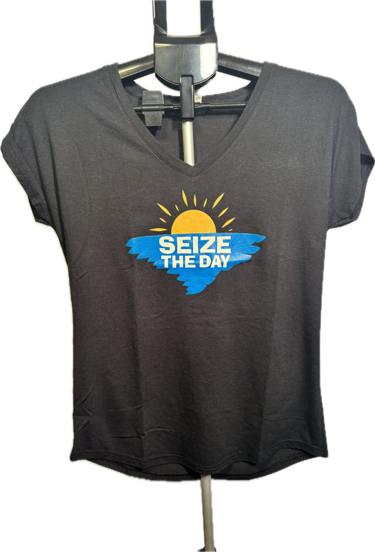 Seize The Day Women's V-Neck Anvil Tee Shirt Size Medium
