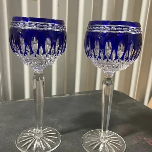 Pair Vintage WATERFORD CRYSTAL Wine Glasses - Beautiful Cobalt Blue